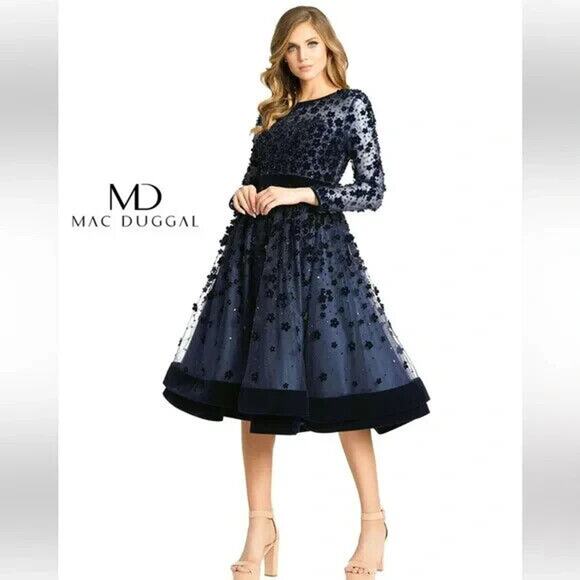 NWT Mac Duggal 67007 Embellished Illusion High Neck Long Sleeve Fit Flare  Dress Midi